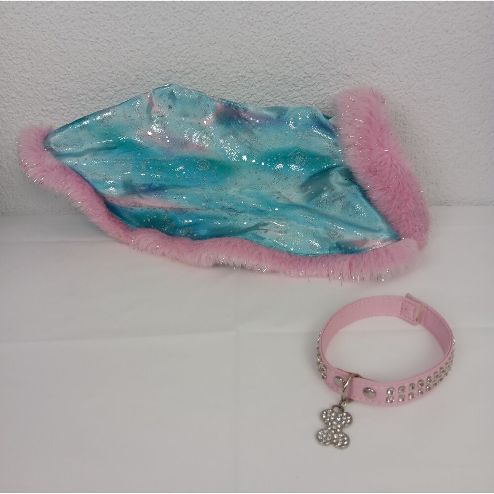 Build a Bear Pink Blue Snowflake Cape Silver Sparkle Bonus Collar Bone Tag